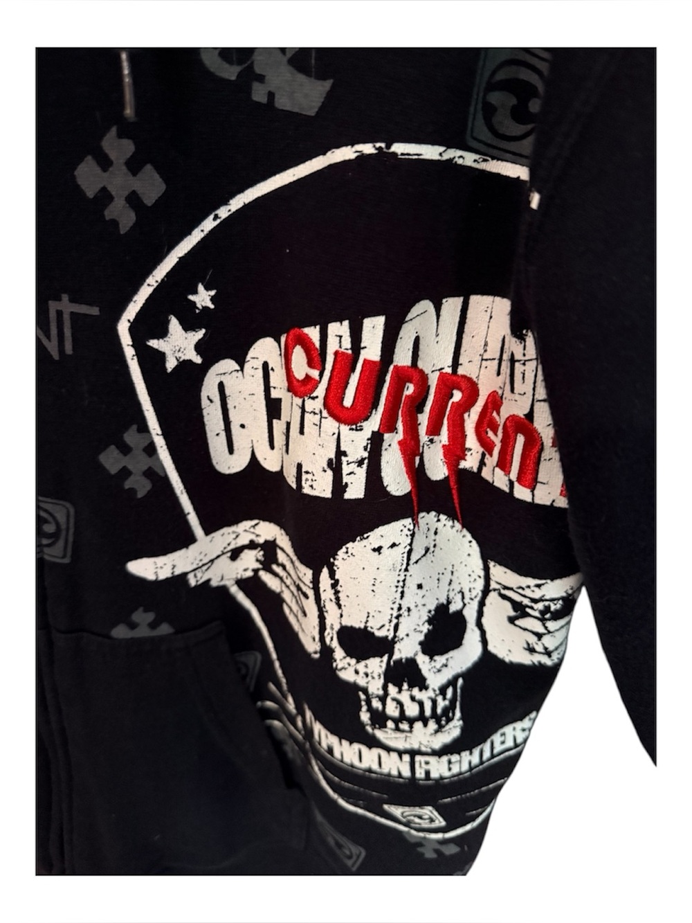 Current Fleece zippered Black Graphic Skull Hoodie with Red Accent Sz. S
